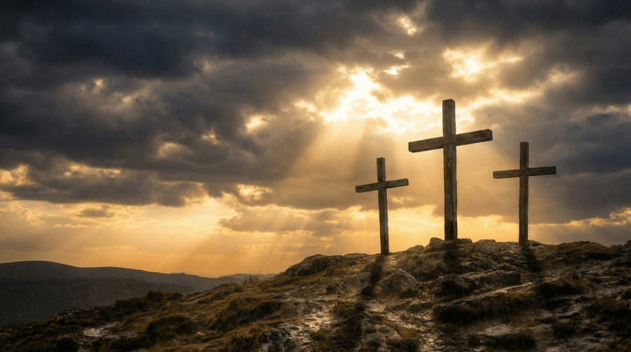 Three wooden crosses on a rocky hilltop under a dramatic, cloud-filled sunset.