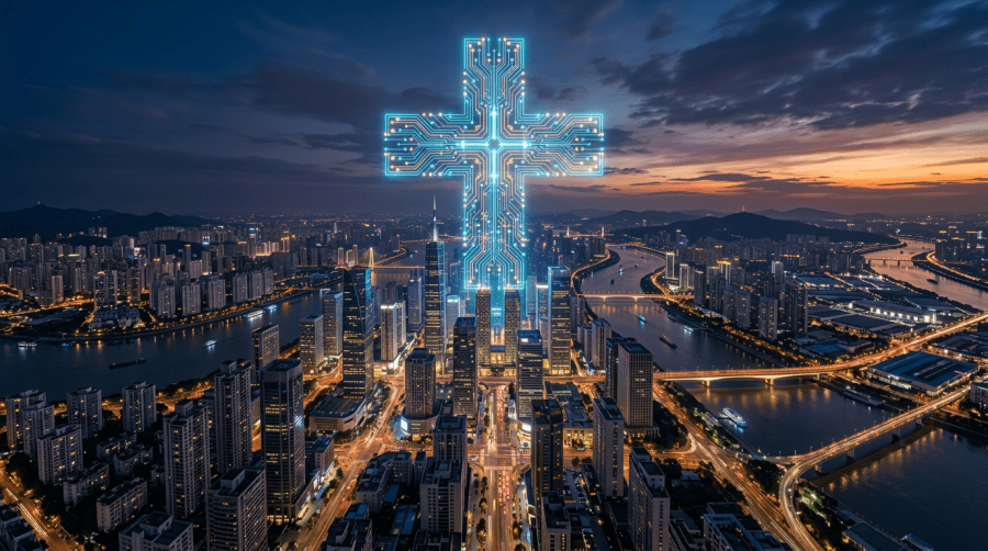 Glowing digital circuit cross shape above city skyline at dusk with illuminated buildings and river