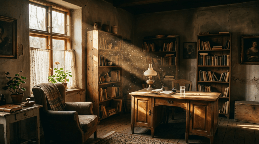 Sunlight shining through window lighting up dust particles in a wooden study with bookshelves, armchair, desk, and lamp