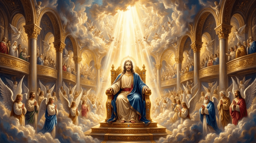 Jesus Christ in white and blue robes sitting on a golden throne with angels around and rays of light from above