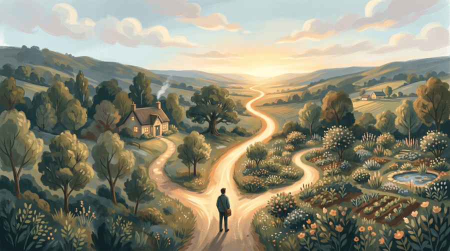 Traveler standing at a forked path beneath a sunset over rolling hills